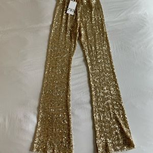 NWT. - Zara Gold Flare Stretch Sequin Leggings